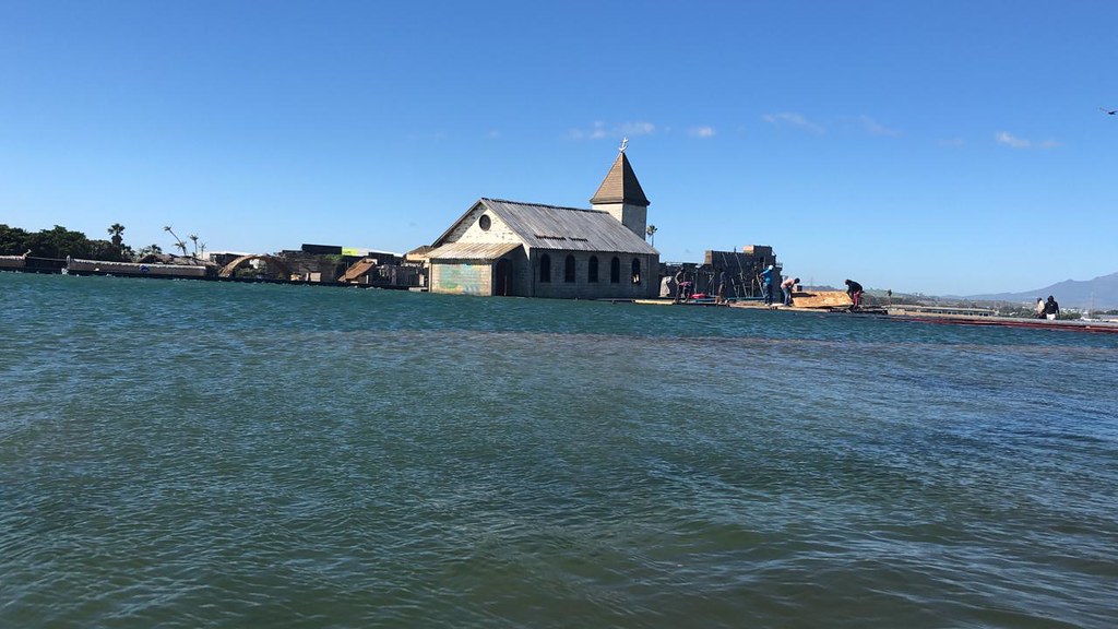 Feature Deep Blue Sea 3 - Entire village actual image - designed and build - sitting inside a stage tank - planned to flood by rising tank levels